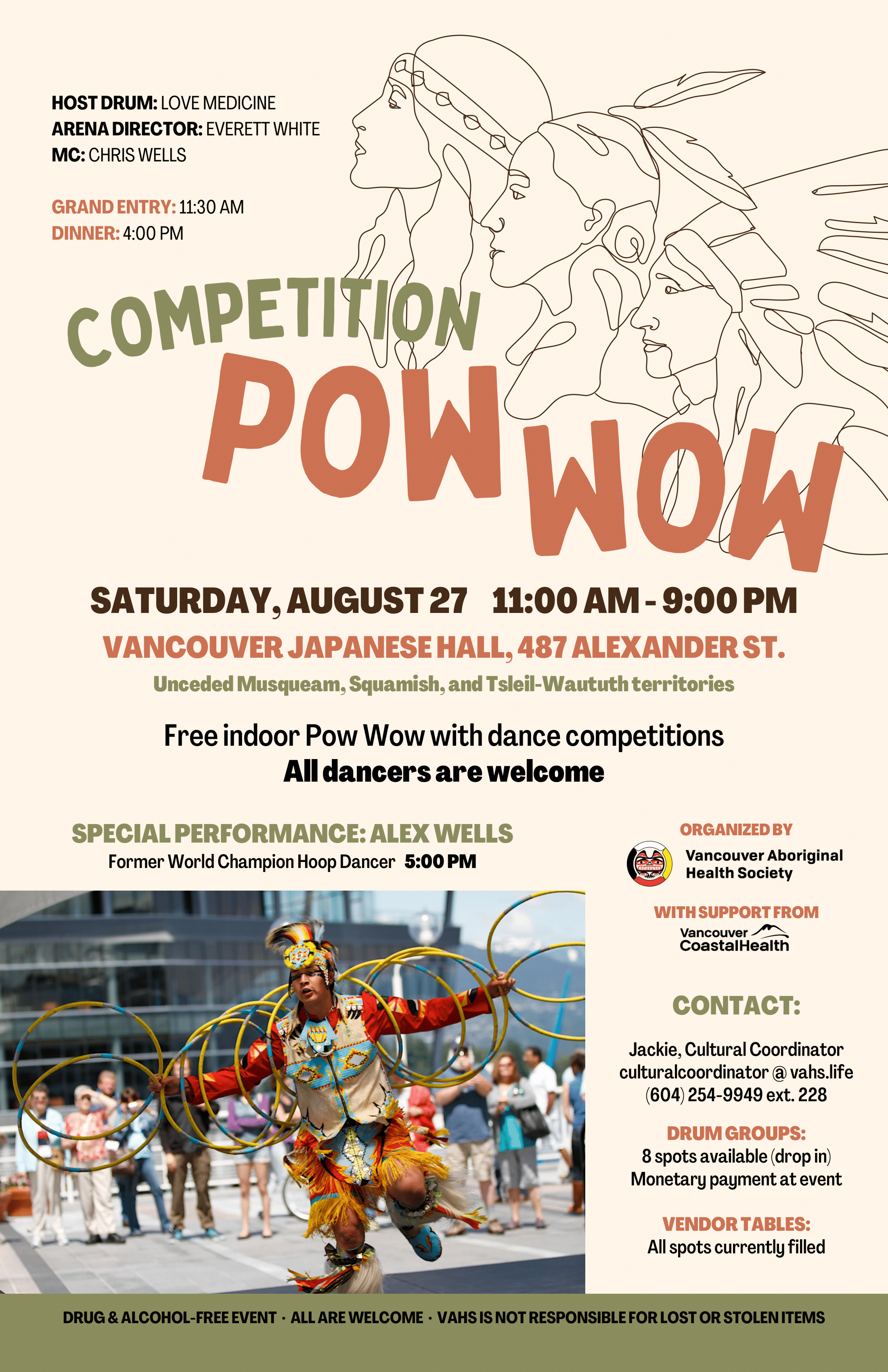 pow wow, saturday august 27 from 11:00 AM to 9:00 PM at vancouver japanese hall (487 alexander st.)